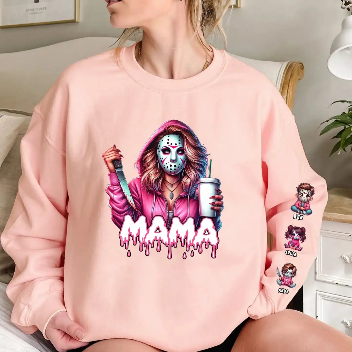 Halloween Horror Mama Custom Kid Name, Spooky Mama, Killer Halloween T-shirt Crewneck Hoodie