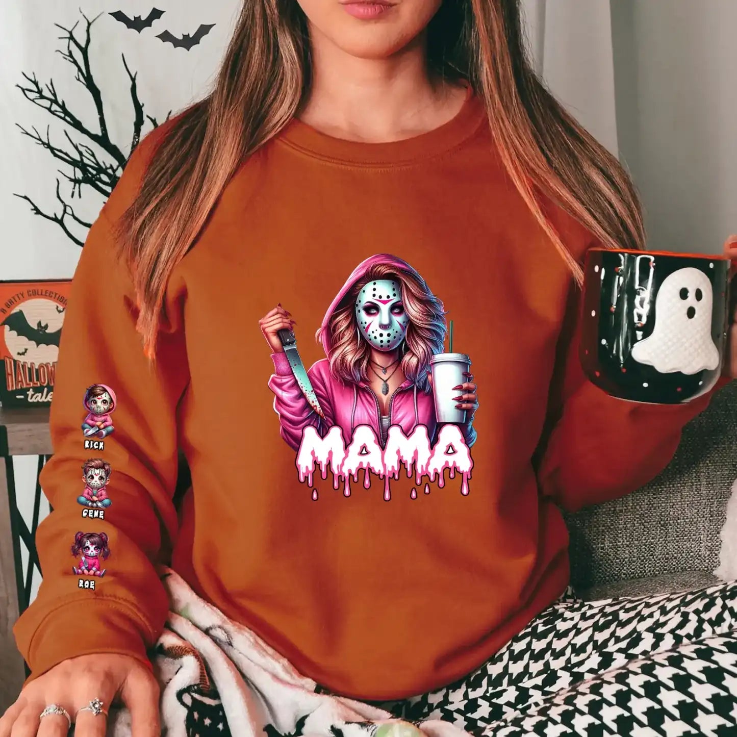 Halloween Horror Mama Custom Kid Name, Spooky Mama, Killer Halloween T-shirt Crewneck Hoodie